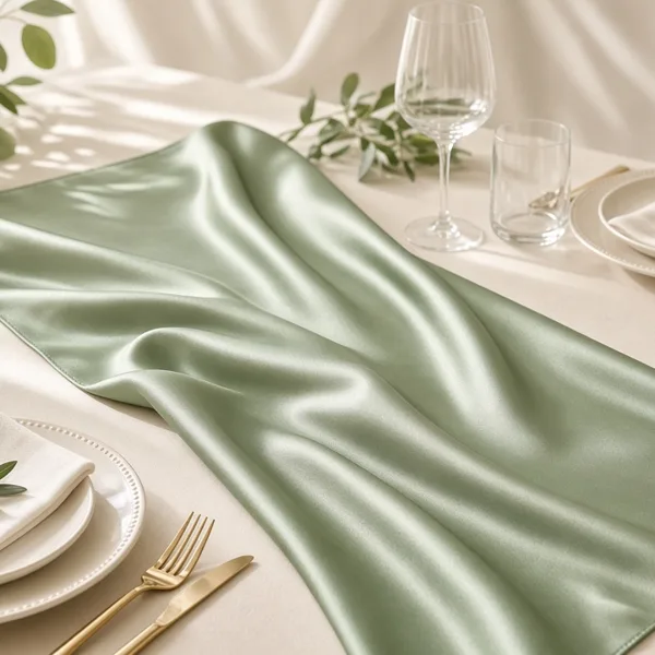Sage green satin table runner styled for a wedding table