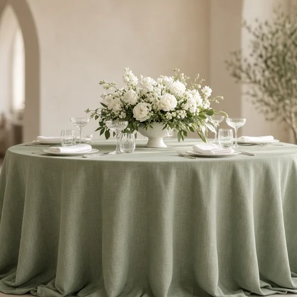 Sage green tablecloth styled for a wedding table