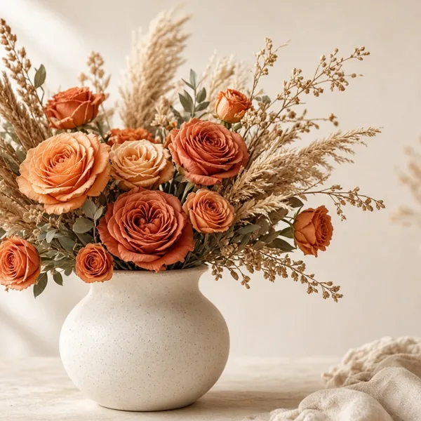 Terracotta artificial flowers styled for a wedding table