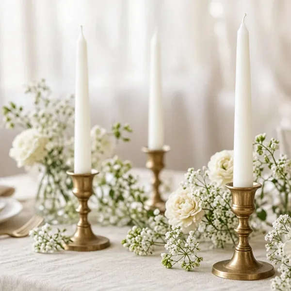 White taper candles styled for a wedding table