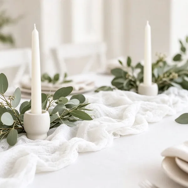 White cheesecloth table runner styled for a wedding table