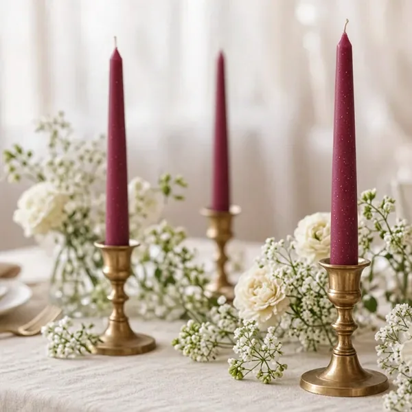 Wine red taper candles styled for a wedding table