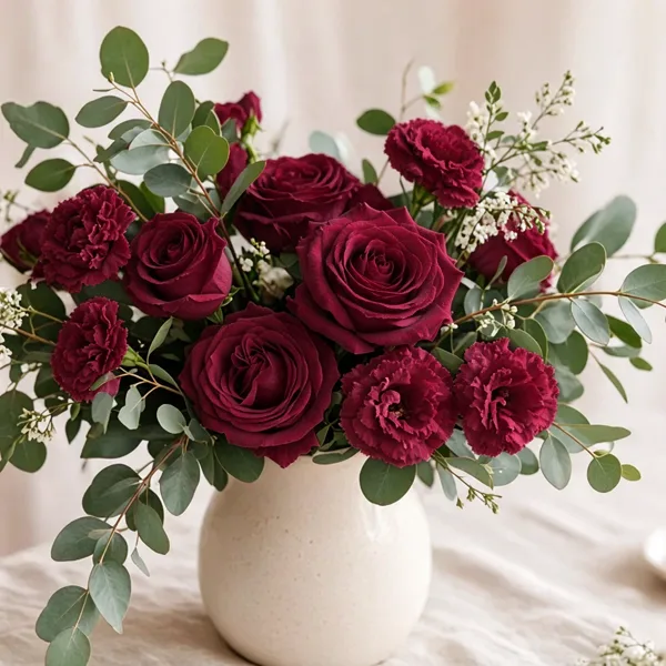 Wine red artificial flowers styled for a wedding table