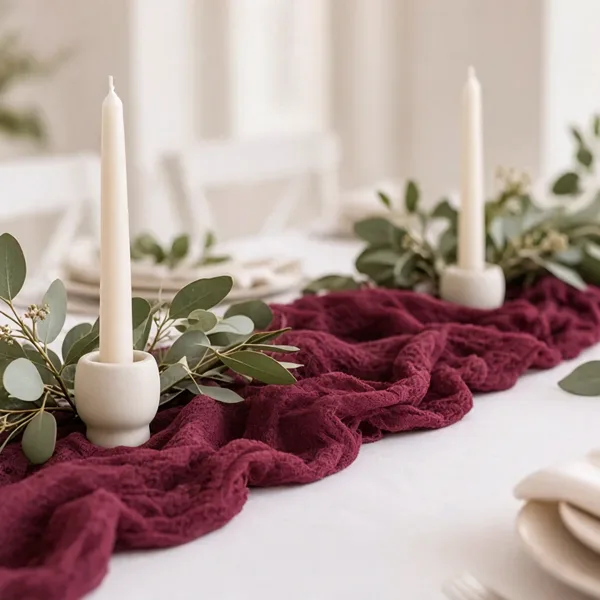 Wine red cheesecloth table runner styled for a wedding table